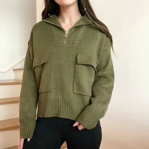 Nwot Zara Olive Green Longsleeve Zip Neck  2 Pockets Wool Blend  Sweater
